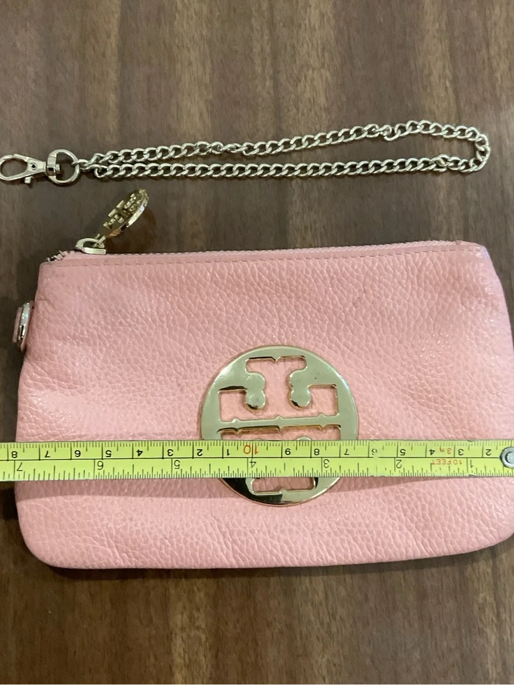 Tory Burch Pink Leather Wristlet with Gold Logo and Chain coin purse